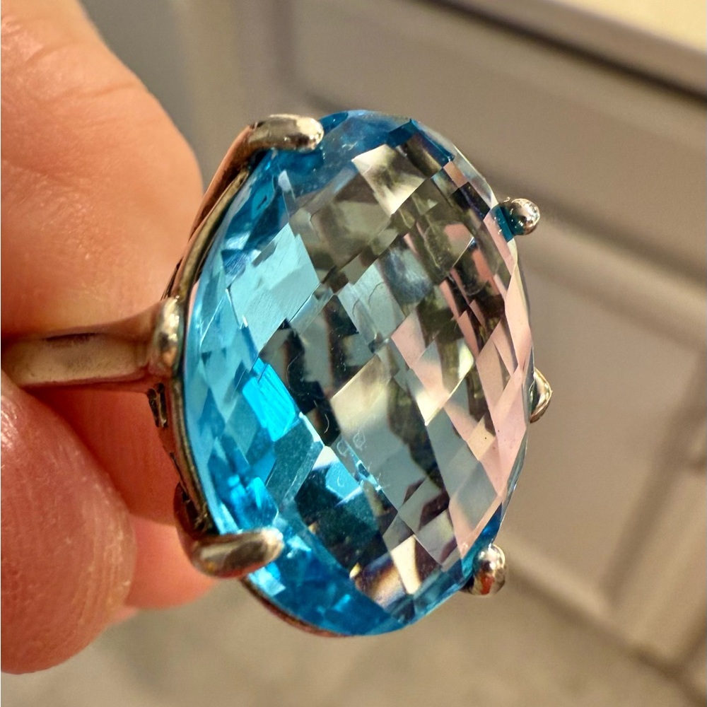 Large Blue Topaz Oval Faceted Gemstone Ring in Sterling Silver - size 9